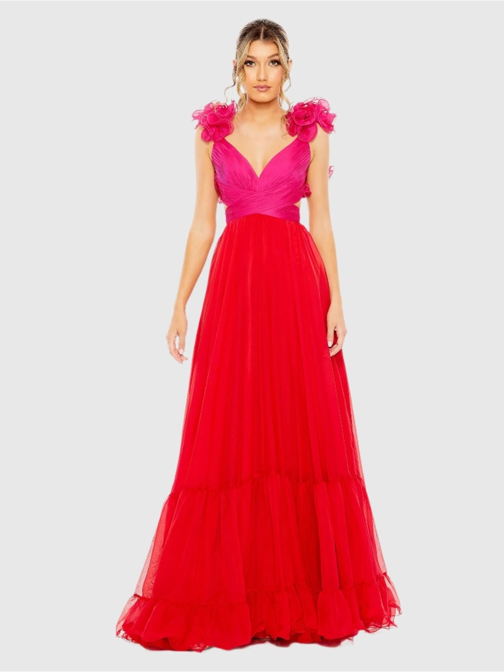 Mac Duggal 68522 Pink and Red Ruffle Tiered Cut Out Lace Up Chiffon Gown Size 2